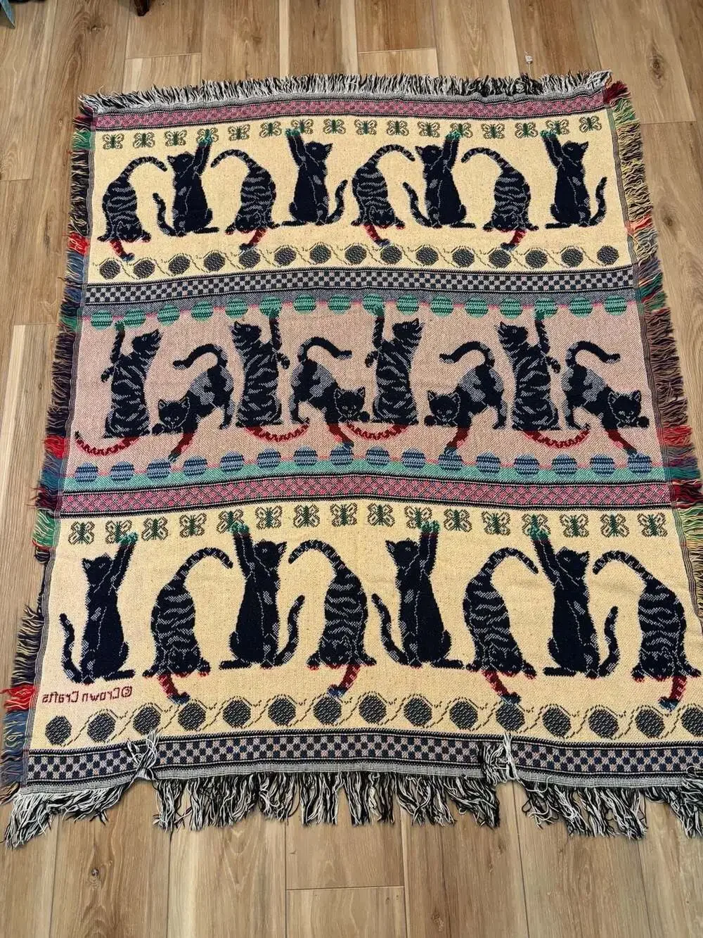 Vintage Crown Crafts Cats and Kittens Woven Tapestry Throw Blanket